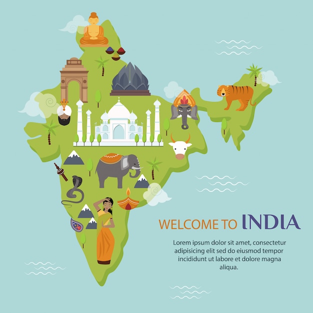 India landmark travel map vector illustration