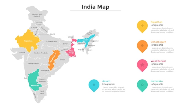 Vettore mappa dell'india divisa in province o regioni con confini moderni. indicazione della posizione geografica. modello di progettazione infografica. illustrazione vettoriale per presentazione, brochure, sito turistico.