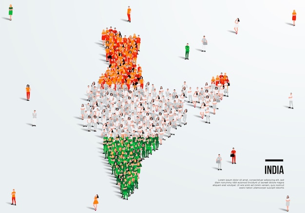 Mappa e bandiera dell'india. un folto gruppo di persone in forma di colore bandiera indiana per creare la mappa. vettore.