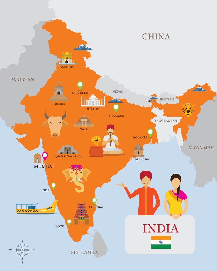 Vector india map and icons with people in traditional clothing
