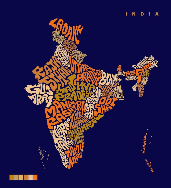 INDIA Map with all Indian states name lettering India map vector lettering Typography India map design Indian all states name in map shape Bharat naksha art