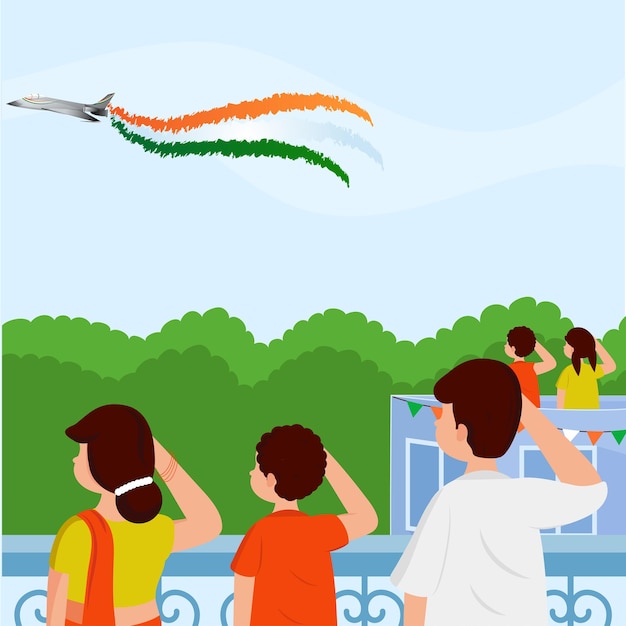 Vector india national festival celebration background with indian people saluting flag at their roof of buildings