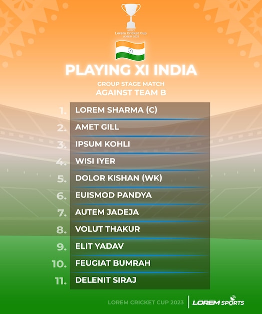 India Playing 11 Template for Cricket Match