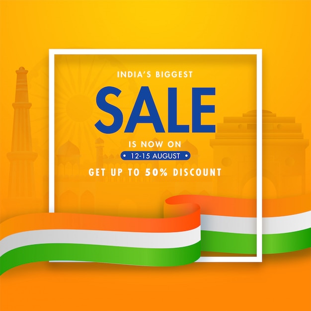 India's Biggest Sale Poster   And Tricolor Wavy Ribbon On Orange Famous Monuments Background.