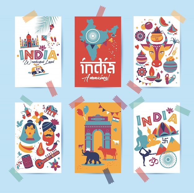 Set di india. paese asiatico, architettura indiana, tradizioni, simboli di viaggio in 6 carte.