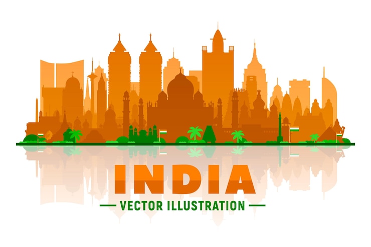Vector 空の背景のパノラマとインドのスカイラインのシルエットベクトル図近代的な建物とビジネス旅行と観光の概念インドの最大の都市からのコラージュ
