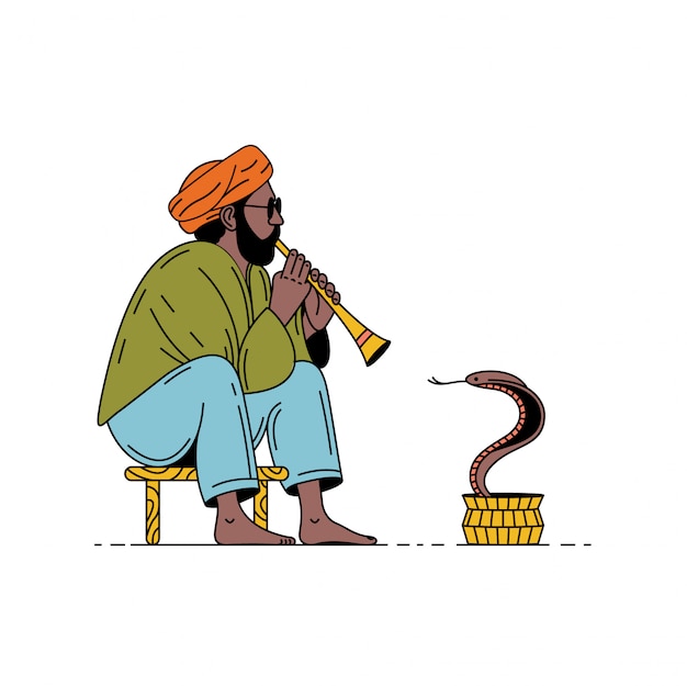 India, serpente e incantatore. uomo con flauto e cobra. illustrazione di estate.