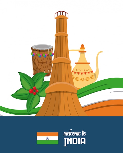 India travel card with tower and drum 