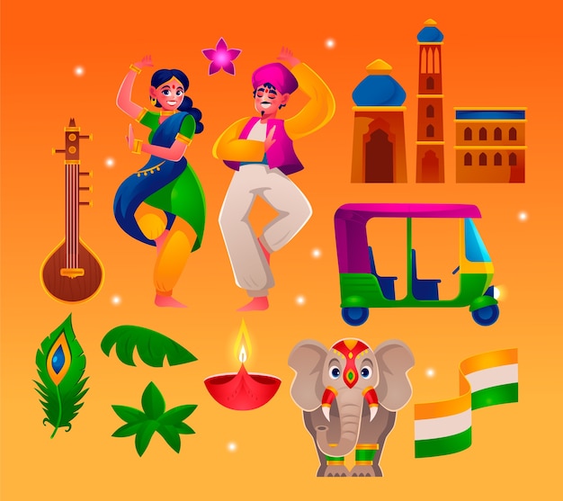 Vettore set disegnato a mano per il viaggio in india