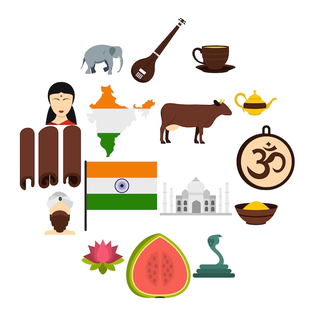India travel icons set in flat style