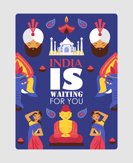 Vettore poster di viaggio dell'india, citazione di tipografia l'india ti sta aspettando