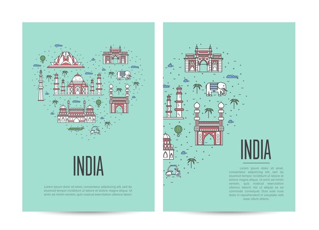 Vector india travel tour booklet set in linear style
