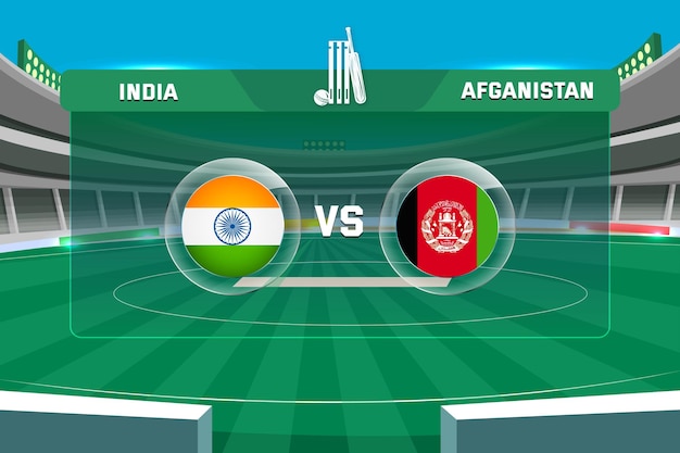 Vector india versus afghanistan toernooikampioenschapswedstrijd met cricketstadionachtergrond