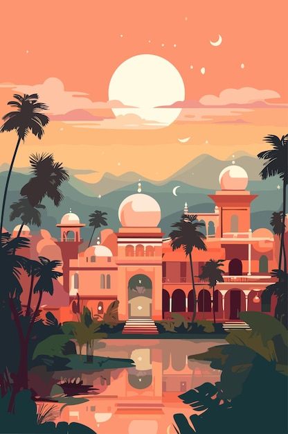 India village in the evening Vector flat illustration