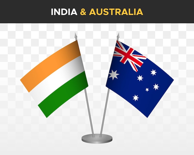 India vs Australië bureau vlaggen mockup geïsoleerde 3d vector illustratie Indiase tafel vlaggen