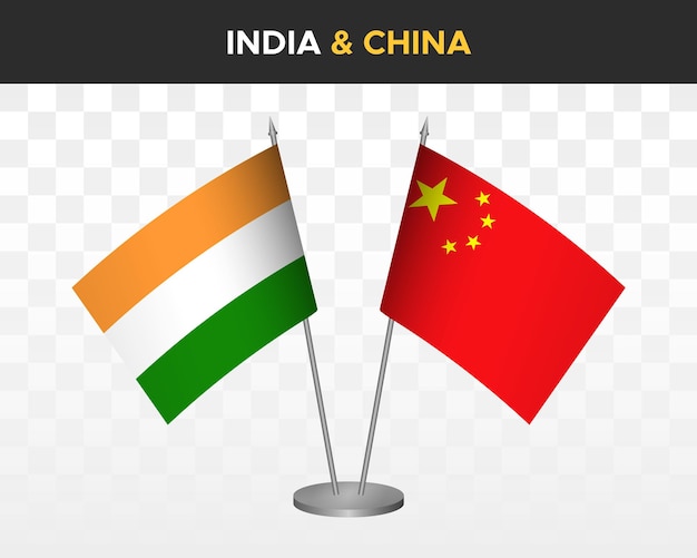 India vs china bureauvlaggen mockup geïsoleerde 3d vector illustratie Indiase tafelvlaggen