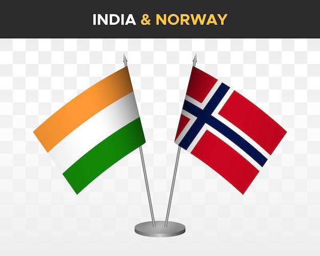 Bandiere da scrivania india vs norvegia mockup isolato 3d illustrazione vettoriale bandiere da tavolo indiane
