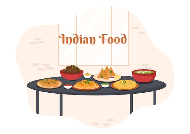 Vector indiaas eten cartoon afbeelding met verschillende collectie in vlakke stijl design