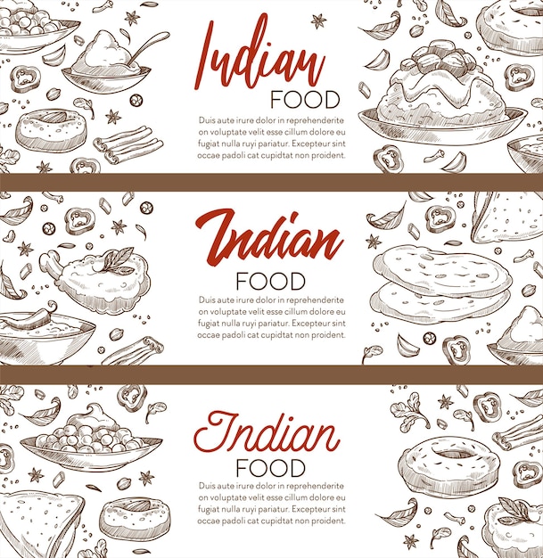 Indiaas eten schets banners, restaurant menu met keuken van india vector. rijst en kip curry, samosa en bonen, donut en chili pap, kaneel en anijs. maaltijden en aziatische gerechten koken