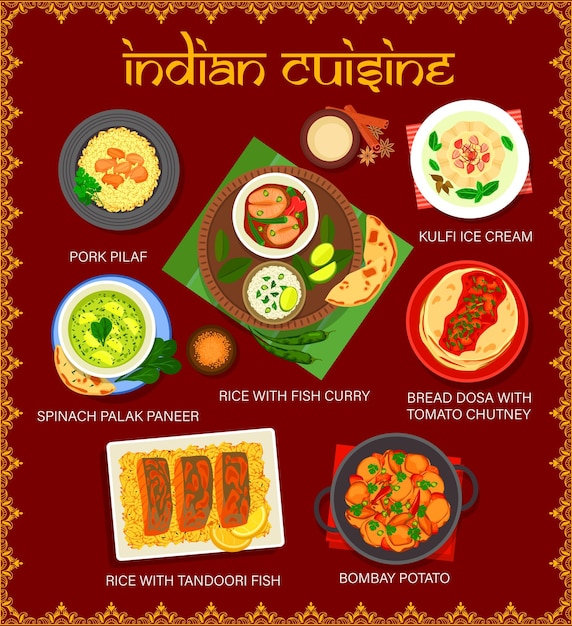 Indiaas restaurantmenu rijst- en groentegerechten