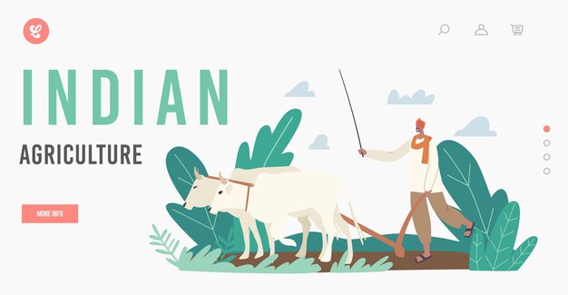 indian agriculture landing page template. farmer character in traditional clothes work. rural asian man plowing field by cows prepare soil for agricultural planting. cartoon people vector illustration