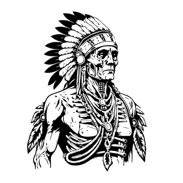 indian american chief head line art hand drawn illustration