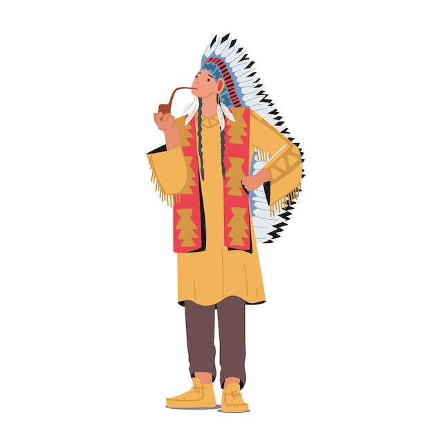 Vector indian american chief in tribal dress and headwear with feathers smoking pipe of peace native indigenous apache male character isolated on white background cartoon people vector illustration