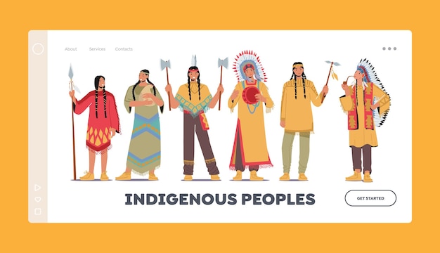 インド系アメリカ人の先住民のキャラクターのランディングページテンプレートウォリアーズ男性女性とチーフネイティブアボリジニの人