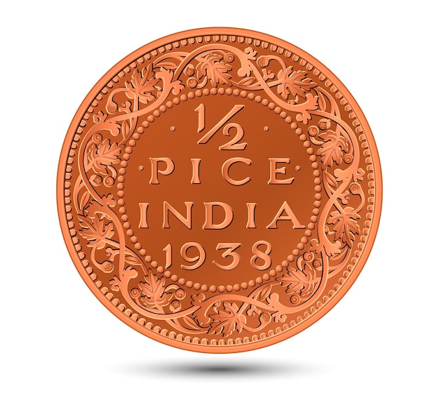 Vector indian antique bronze half pice coin on a white background isolated in vector illustration