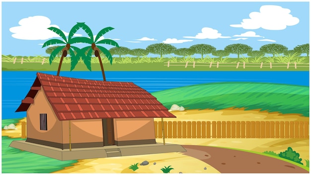 Indian asian rural village scene with river and mud made house for cartoon background.