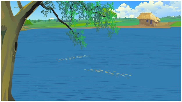 Indian Asian village pond in a irrigation field for cartoon animation background.