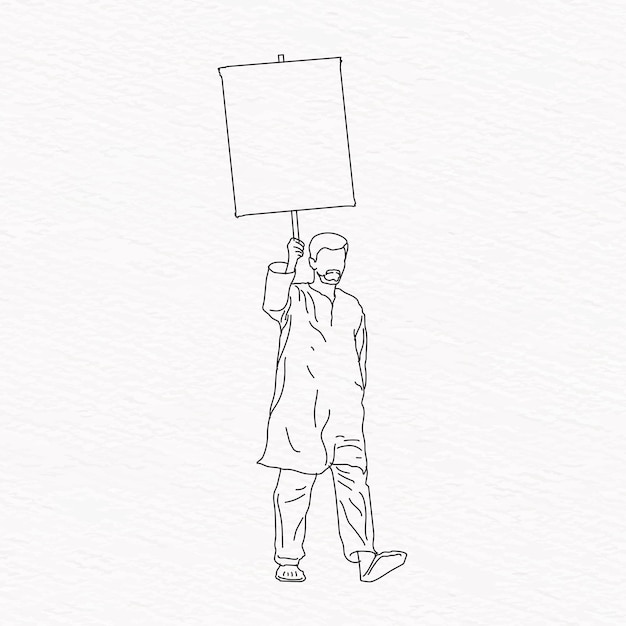 Indian Bengali man on movement strike on road with blank placard wearing panjabi line art