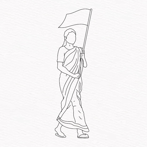 Vector indian  bengali woman on movement strike on road with flag wearing sharee line art illustration