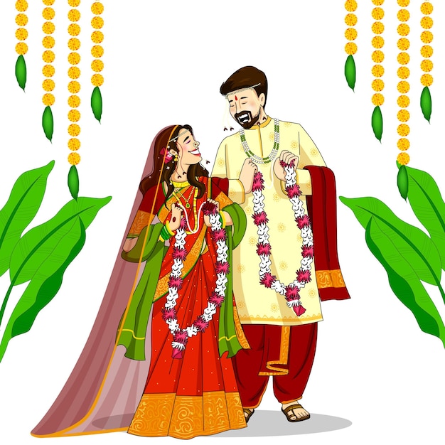 インドの新郎と新婦は,結婚式の日に民族的なサリーとシェルワニを着用したベクトルイラスト