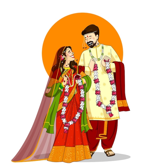 インドの新郎と新婦は,結婚式の日に民族的なサリーとシェルワニを着用したベクトルイラスト