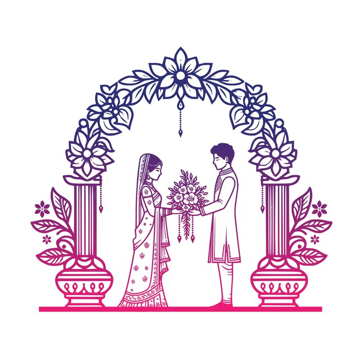 वेक्टर indian bride and groom getting married at mandap