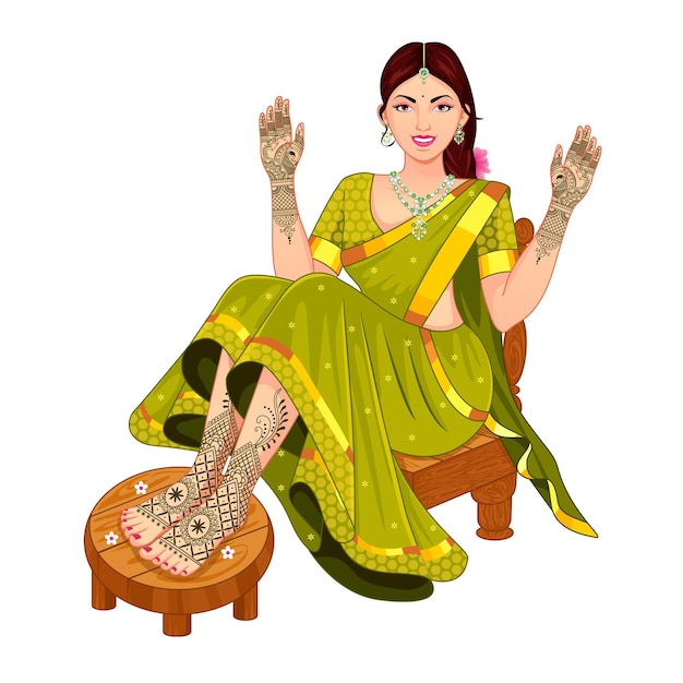Vector indian bride for mehndi ceremony showing mehendi designs