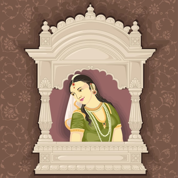 Vector indian bride queen portrait in miniatuur schilderstijl binnen boogframe