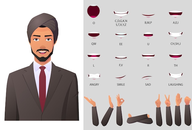 Vector indian business man wearing turban mouth animation and lip sync set with hand gestures