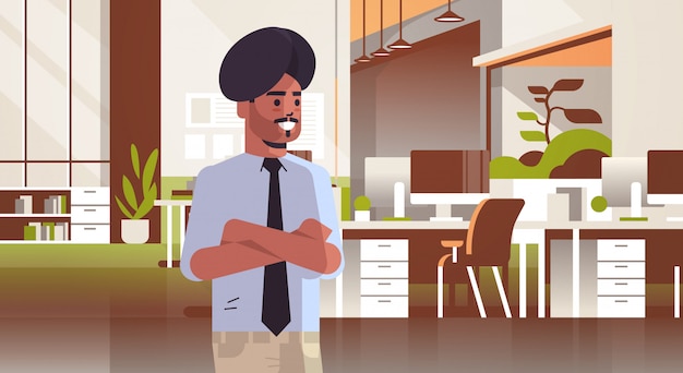 Vector indian businessman in turban folded hands business man in coworking space modern office room interior creative workspace horizontal flat portrait