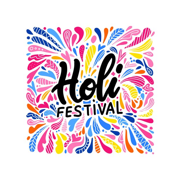 컬러 스플래쉬에 세련 된 텍스트와 인도 컬러 축제 Holi. Holi 축제 글자와 밝은 드롭 패턴입니다. 인도 템플릿. 플랫 손으로 그린 그림.