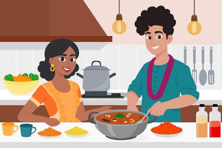 Vector indian couple cooking together kitchen scene