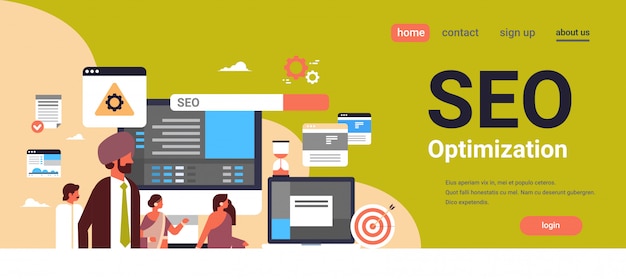 Vector indian couple man woman monitoring seo search engine optimization banner