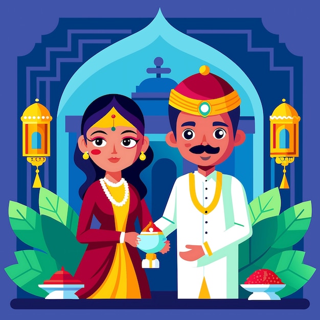 Vector indian couple with indian wedding dress and cake vector illustration design