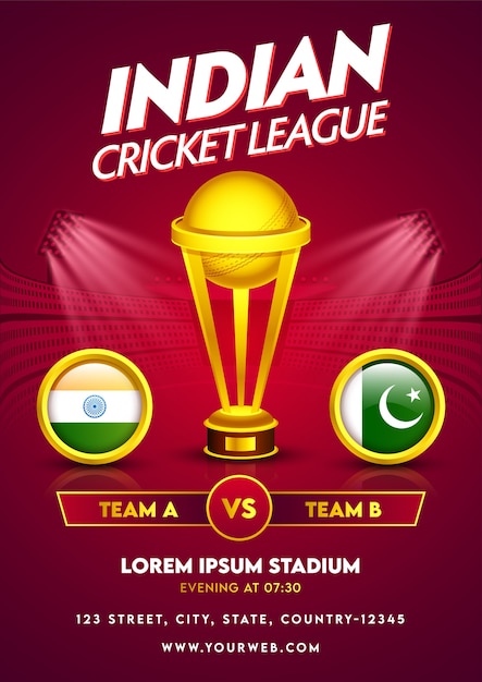 Indian cricket league template o flyer design con golden trophy cup e bandiera dei paesi partecipanti dell'india vs pakistan nella cornice del cerchio.