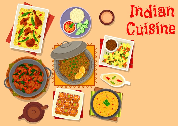 Vector indian cuisine dinner dishes with dessert icon of lamb and pork curry, chicken rice pilau, lentil chilli soup, lentil vegetable stew, pumpkin ginger cake, lamb spinach stew. food theme design