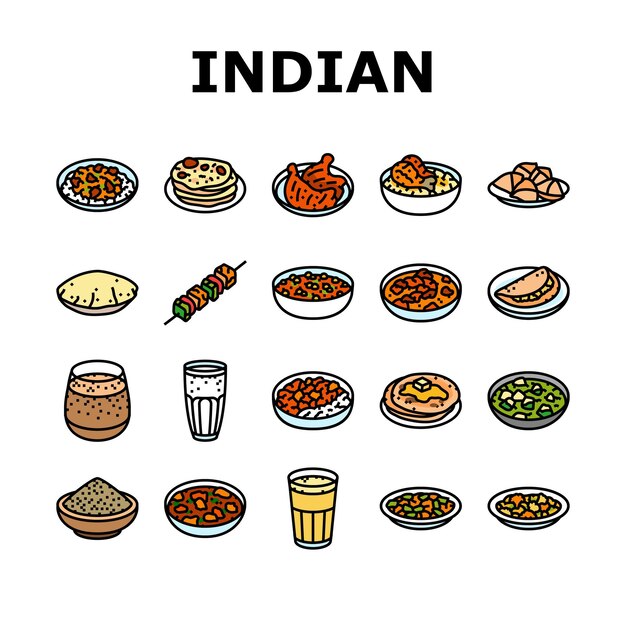 Vector indian cuisine food curry icons set vector