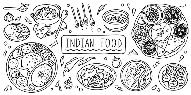 インド料理食品ラインシンプルな落書きアウトラインスタイルベクトルストック黒と白のイラスト