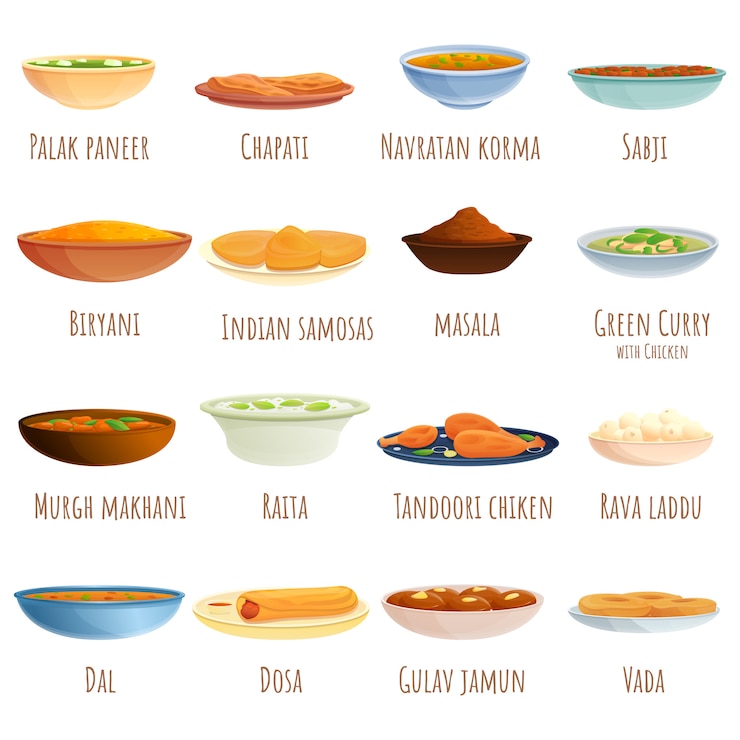 Vector indian cuisine food recipes and plates set, cartoon style