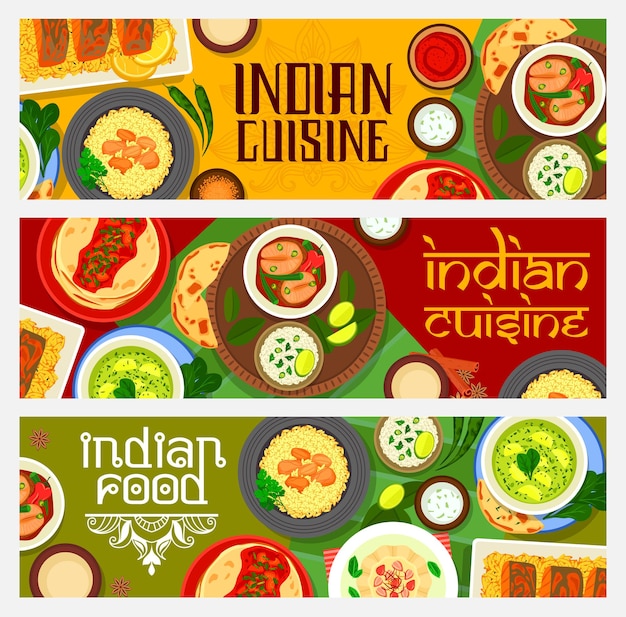 Cibo della cucina indiana con piatti di spezie, striscioni vettoriali per dessert. curry di pesce con riso, verdure, pane dosa e salsa chutney di pomodoro, pilaf di carne, paneer palak di spinaci, gelato kulfi, patata bombay